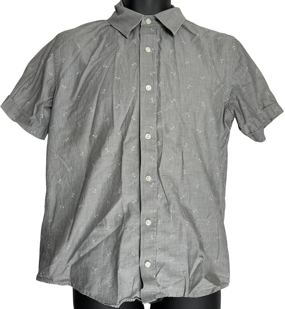 Banana Republic Shirt Men M Gray Anchor Print Short Sleeve Button Up All Cotton
